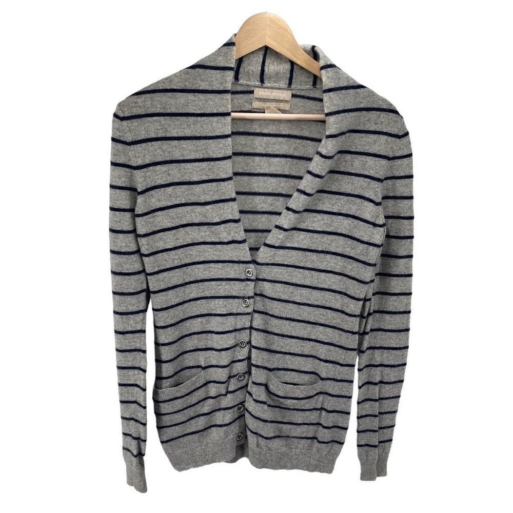Banana Republic Womens Cardigan Sweater Striped Blue Gray Wool Cashamere Size XS